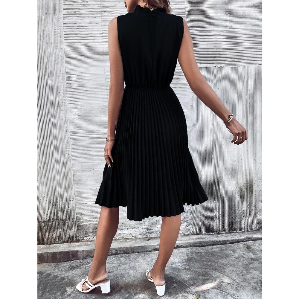 Minimalist Solid Pleated Hem Mock Neck Dress Dark… - image 4